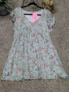 4081 Size XL Haptics Mint Floral Short Sleeve Dress with Pink Accents